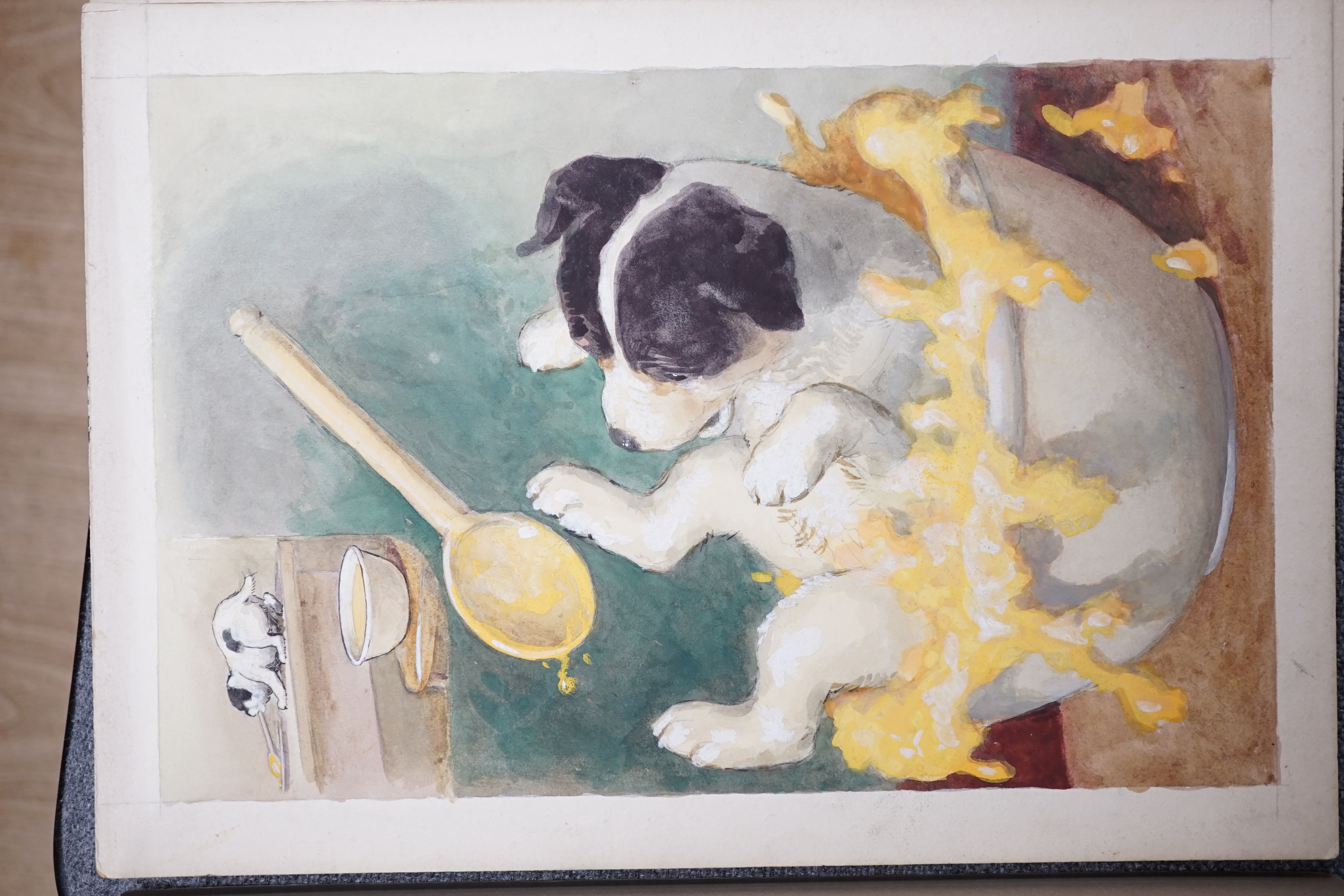 Charles Thomas Howard (1865-1942), set of six original watercolours for postcard designs, humorous dogs, unframed, 22 x 32cm. Condition- fair to good